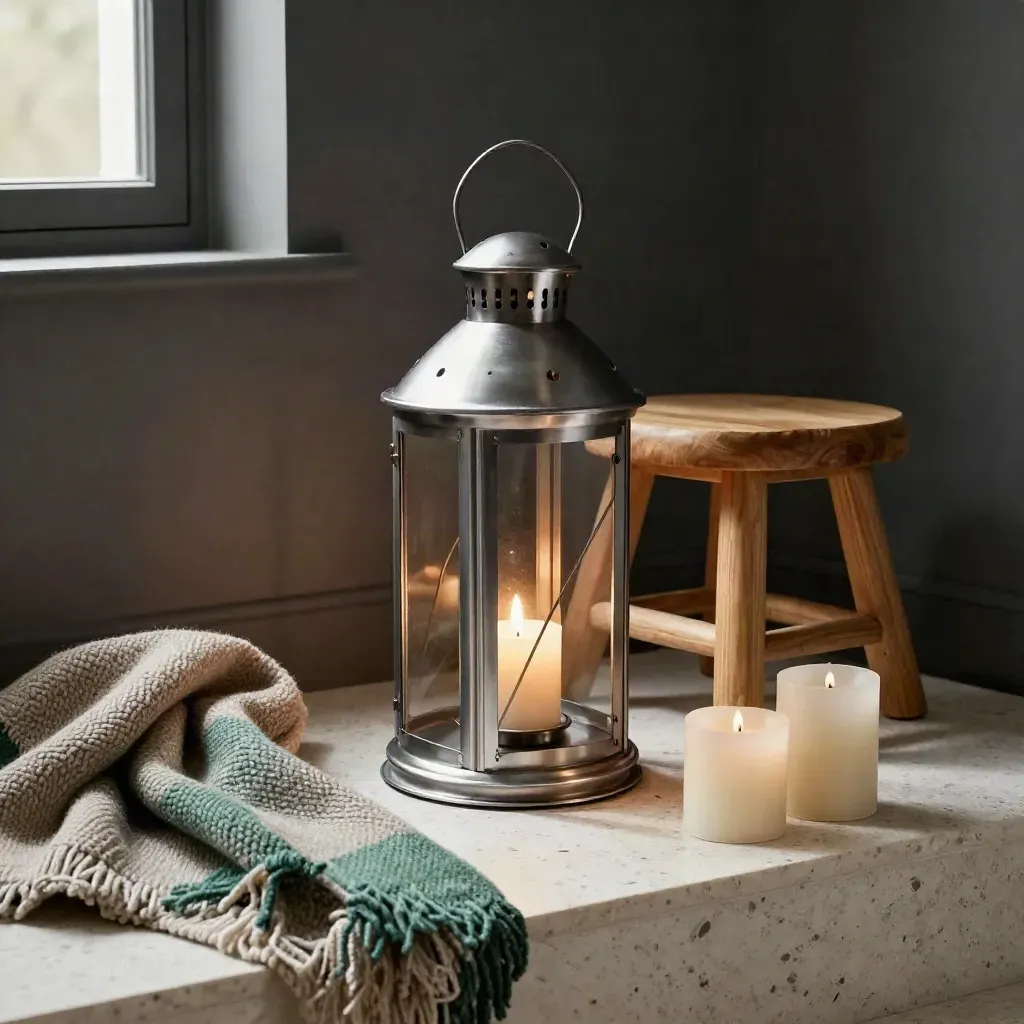 Laterne mit Glas, Holzschemel, Strickdecke und zwei Kerzen auf hellem Travertin.