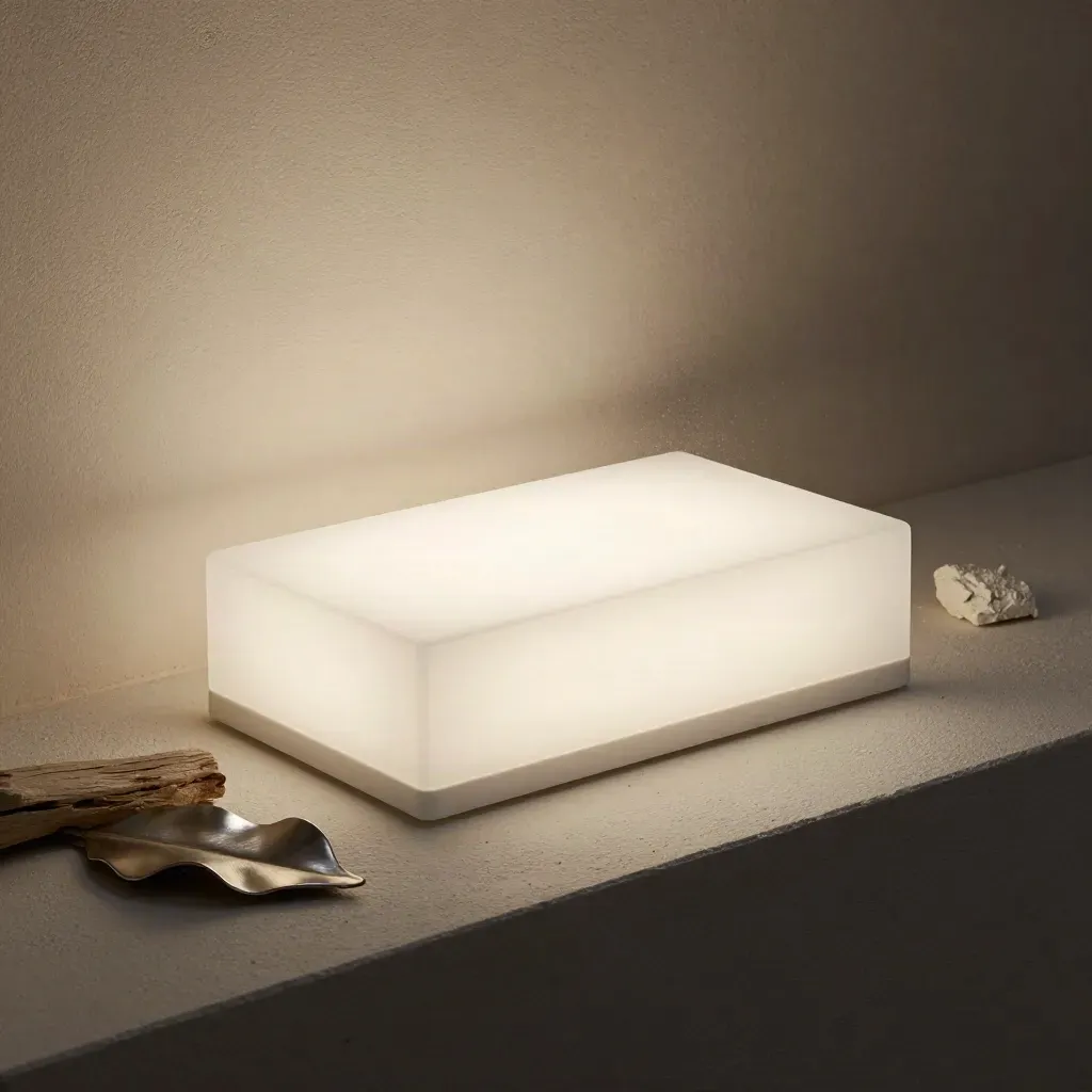 Flache Deckenleuchte auf Kalkputz mit Holz und Metall im sanften Lichtband
